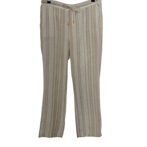 Ellen Tracy Womens Beige & White Striped Linen Blend Drawstring Pants M Coastal